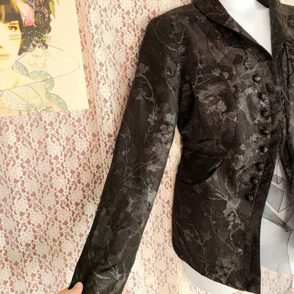 Vintage 90s logo instant chic black tapestry floral ruffle button blazer Sz 18 - Picture 9 of 12